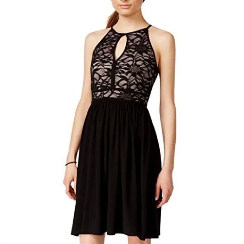 Morgan & Co. Lace Keyhole Strappy Back Dress Black Nude